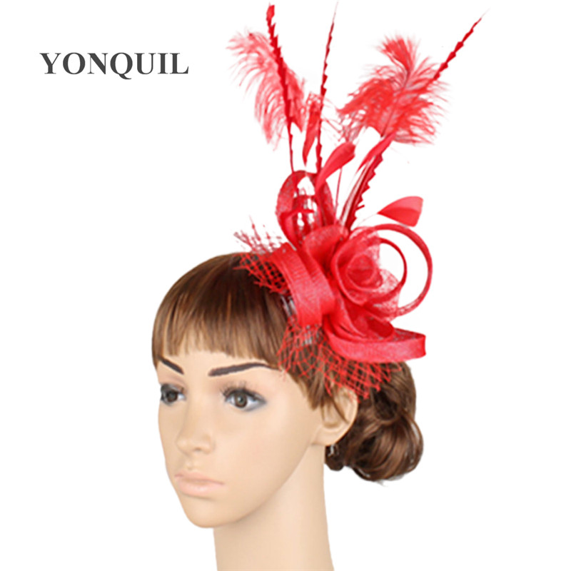 Vintage Gold sinamay base fascinator headwear occasion red bridal veils hair accessories feather millinery cocktail hat MYQ010
