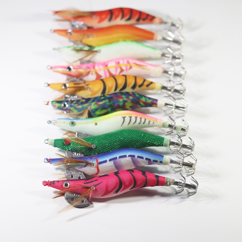 10Pcs Size 2.5#3.0#3.5# Fishing Lure Lead Sinker Squid Lures Jigs Octopus Wood Shrimp Bait Luminous Squid Hook Fishing Tackle T191020