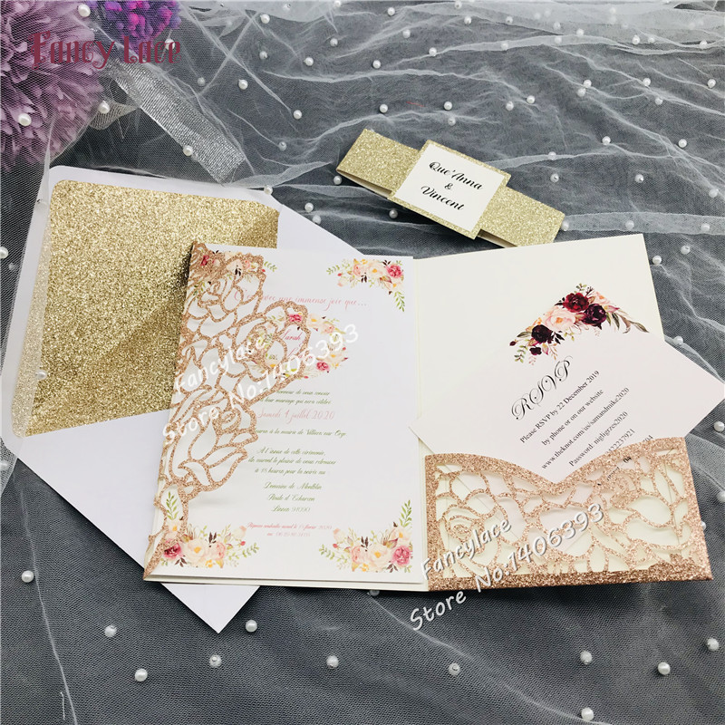50pcs New Glitter Rose wedding invitation set envelope belly band Folding Invitation cards invites wedding decoration supply
50pcs New Glitter Rose wedding invitation set envelope belly band Folding Invitation cards invites wedding decoration supply