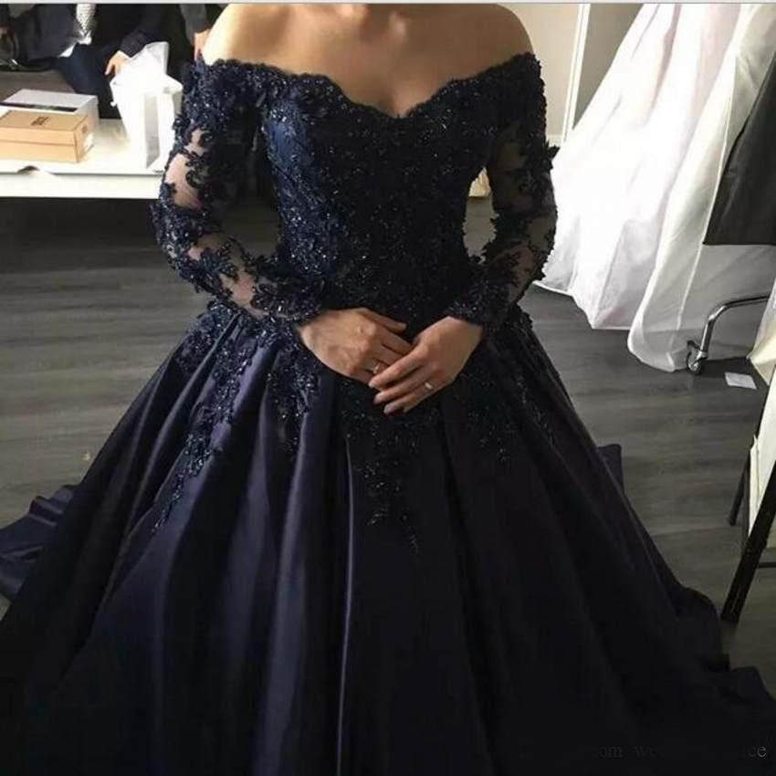 Elegant Navy Blue V-Neck Prom Dresses Lace Applique With Sweep Train Formal Evening Dresses Wear Long Party Gowns