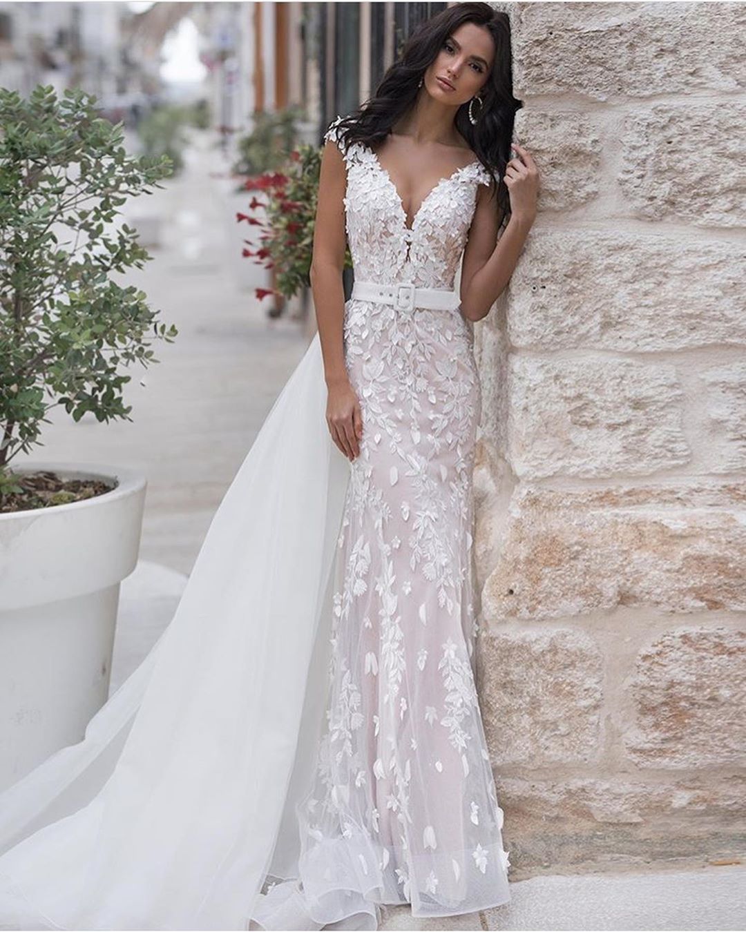 Mermaid Lace Fashion Wedding Dresses With Detachable Train Beaded Sheer V Neck Bridal Gowns Tulle Trumpet Robe De Marie