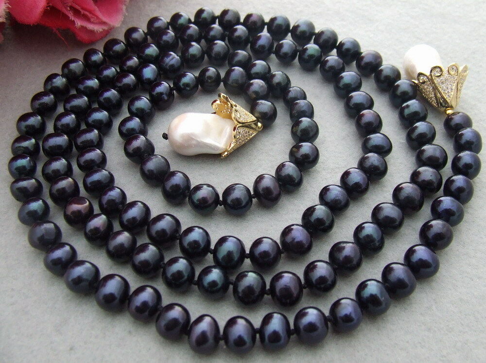 

Beautiful 8-9mm black freshwater cultured pearl White baroque pearls necklace 112 cm fashion jewelry