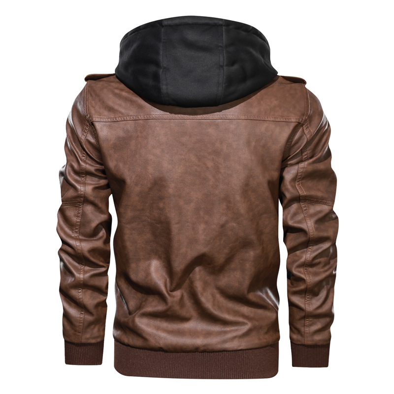 Spot Leather winter men's removable cap washed pu jacket large size casual motorcycle men