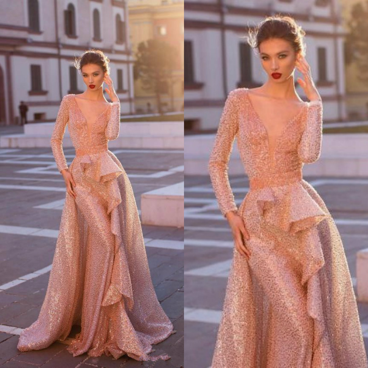 2020 New Mermaid Prom Dresses with Detachable Train V Neck Lace Sequined Evening Gowns Ruffles Formal Occasion Dress