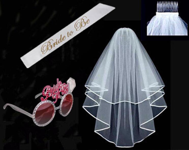 Bride to Be Sash White Bridal Wedding Veil Bride To Be Satin Sash Bachelorette Party girls Hen Party Bridal Shower Kit Decoration Supplies