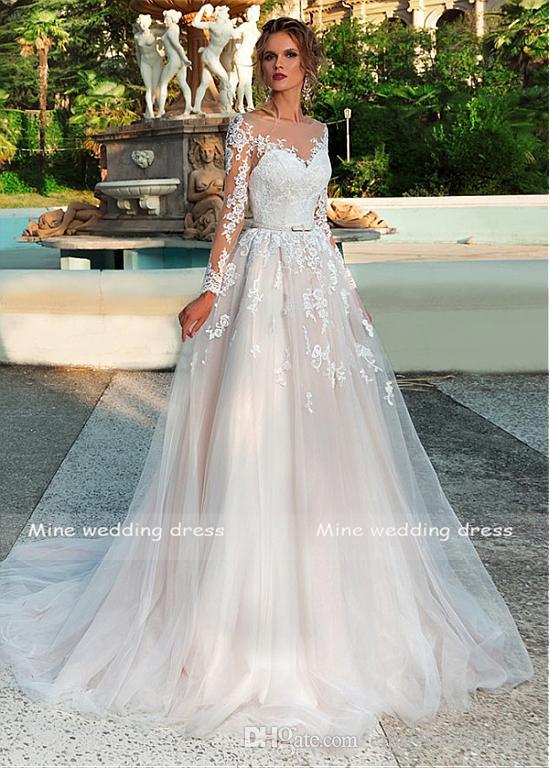 Elegant White A-Line Wedding Dress Illusion Appliques with Bow Belt Long Sleeves Bridal Gowns Back Button and Lace Up Vestido de Noiva