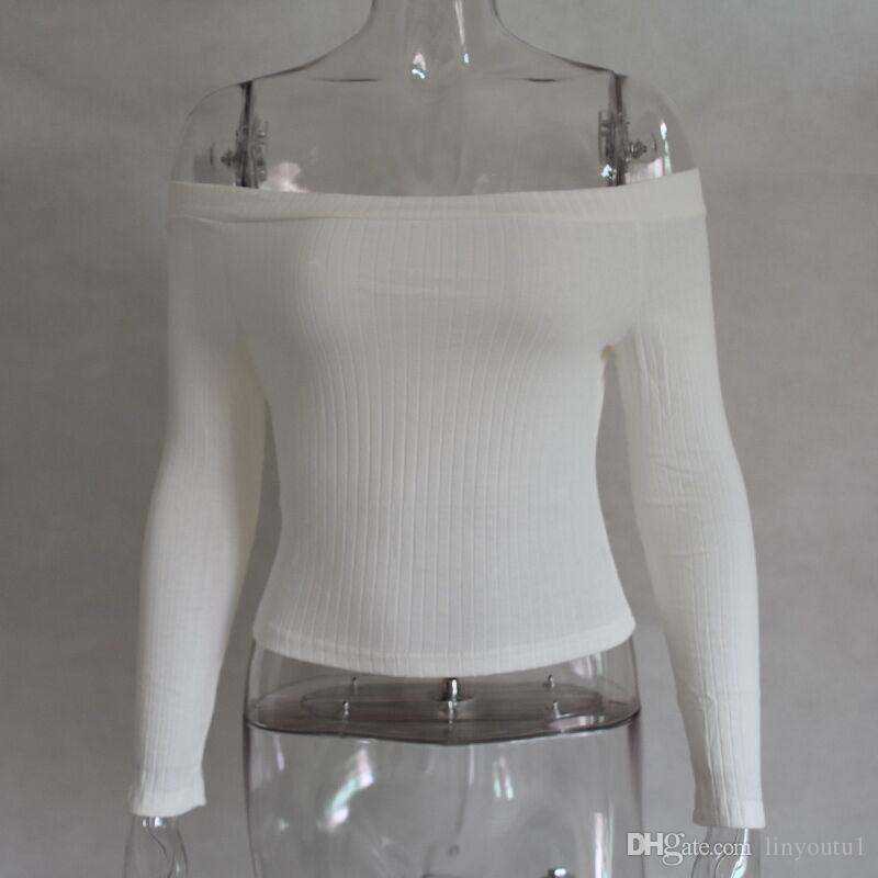 2020 Women Off Shoulder Crop Top T Shirts Long Sleeve Short T-shirts For Women Clothing Fashion Black T-shirt Tops Tees Korean Style