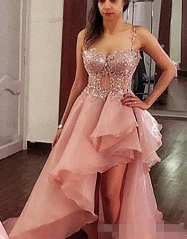 2020 High Low Pink Prom Dresses Sexy Backless Spaghetti Straps Beaded Lace Applique Tiered Organza Plus Size Evening Gowns Formal Occasion