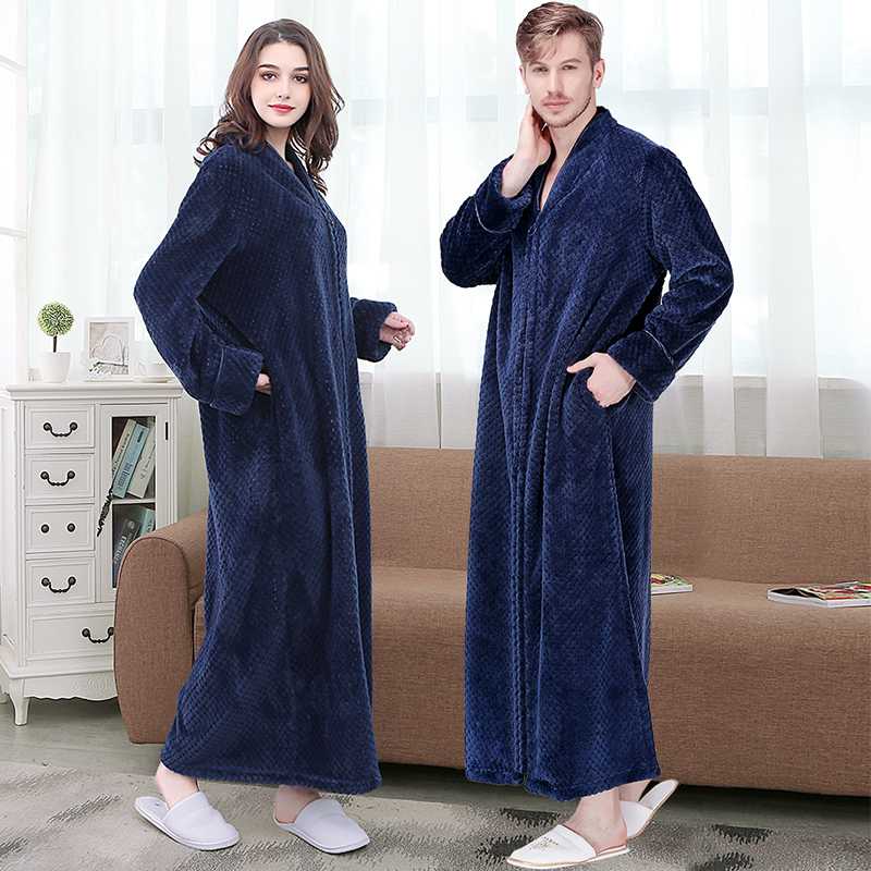 New Women Men Extra Long Winter Warm Bathrobe Plus Size Pregnant Zipper Bath Robe Luxury Soft Grid Flannel Thermal Dressing Gown