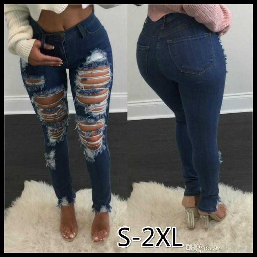 2020 Women 's Fashion Ripped Jeans for Women Big Hole Ladies Long Skinny Jeans Long Jeans Pencil Stretch Butt Lift Pencil Pants S-XXL