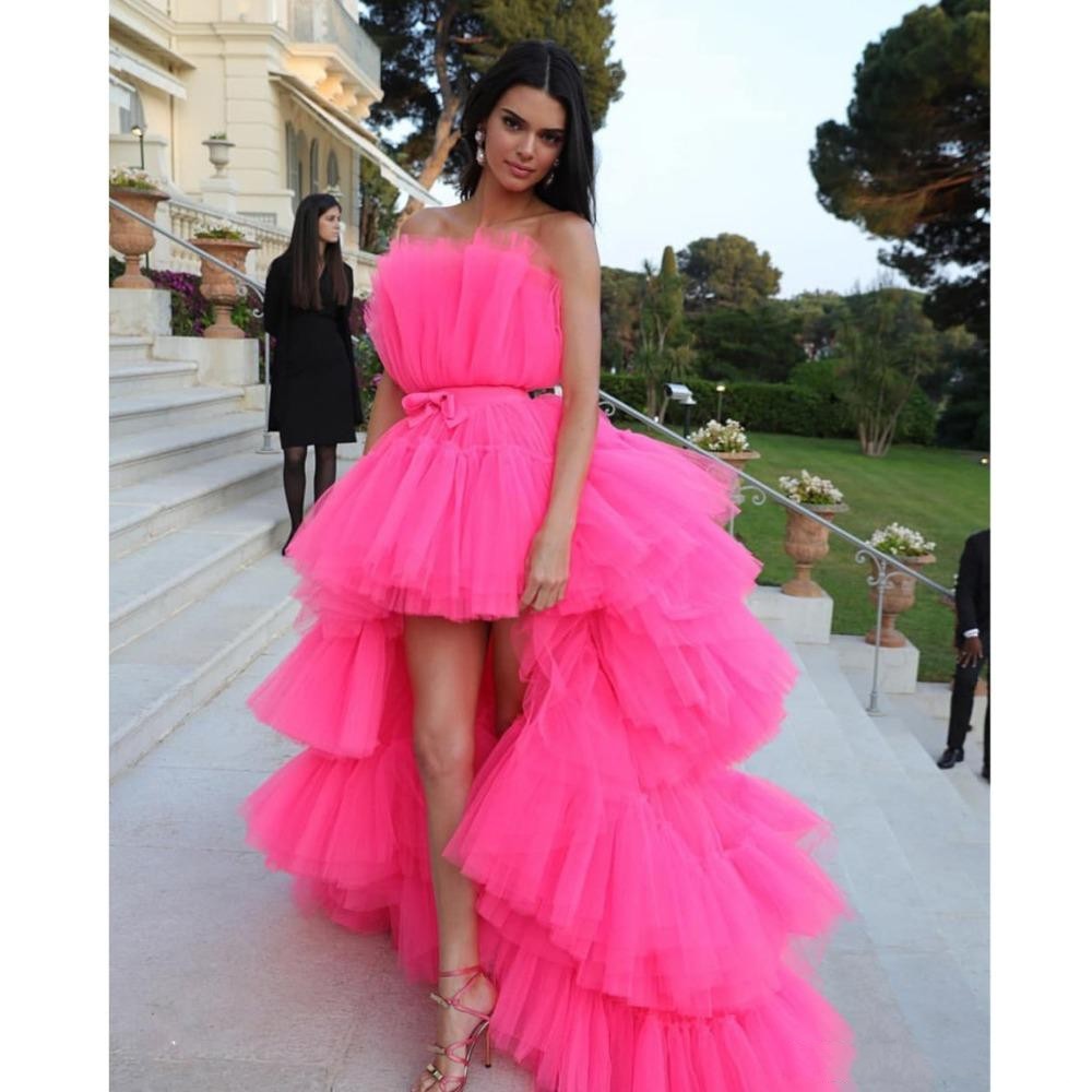 2020 New High low Fuchsia Prom Dresses with Detachable Train Unique Tiered Tulle Skirt Evening Dress Hot Pink Formal Party Gowns