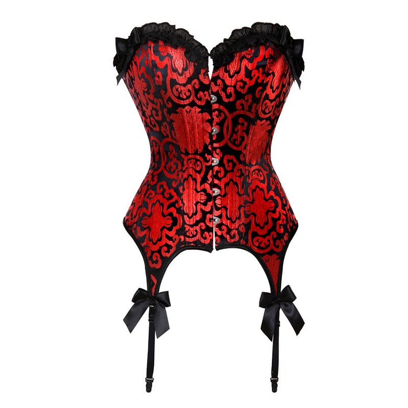 Women Burlesque Black Lace Ruffle Trim Red Jacquard Plastic Boned Overbust Corset Bustier with Garters and Bows Plus Size S-6XL