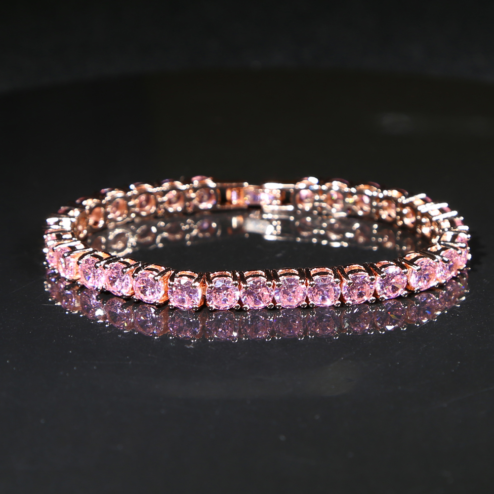 New 5mm Rose Gold Cluster Round Pink CZ Ziron Tennis Bracelets&Anklet Hip Hop Bling Iced Out CZ Necklace& Ring Women Jewelry Set Gifts