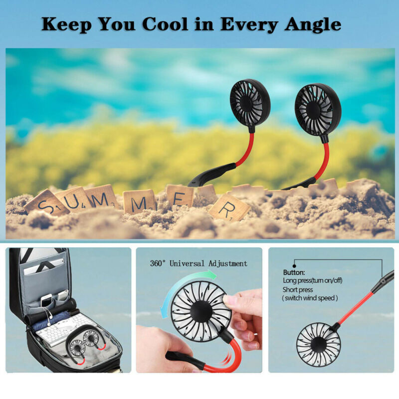 Fans Portable USB Rechargeable Sport Personal Hand-Free Mini Wearable Neck Band Dual Cooling 360 Degree Adjustment Head Lazy Hanging