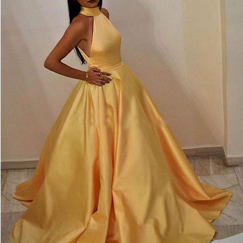 Elegant Robe De Soiree Women A-Line Halter Floor Length Long Yellow Evening Dress with Pockets Vestido De Festa Sexy Satin Prom Gowns