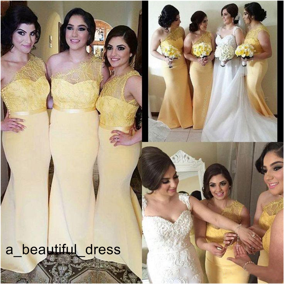 One Shoulder Mermaid Bridesmaid Dresses Lace One Shoulder Sheer Floor Length Long Maid Of Honor Dress Party Gowns