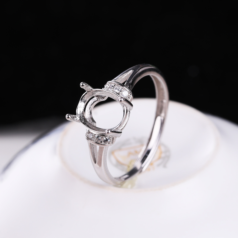 925 Sterling Silver Women Engagement Wedding Ring CZ 7x9mm Oval Cabochon Semi Mount Ring Setting fit Amber Opal Turquoise Setting