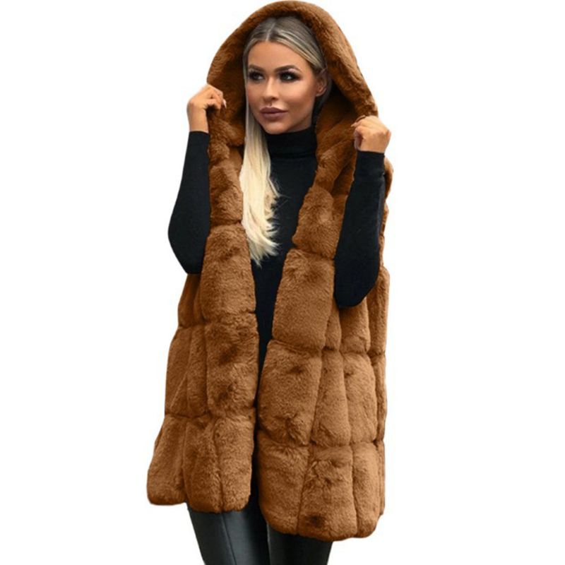 Womens Winter Thicken Fluffy Plush Vest Open Front Hooded Mid-Length Waistcoat Oversized Loose Solid Color Jacket Outwear S