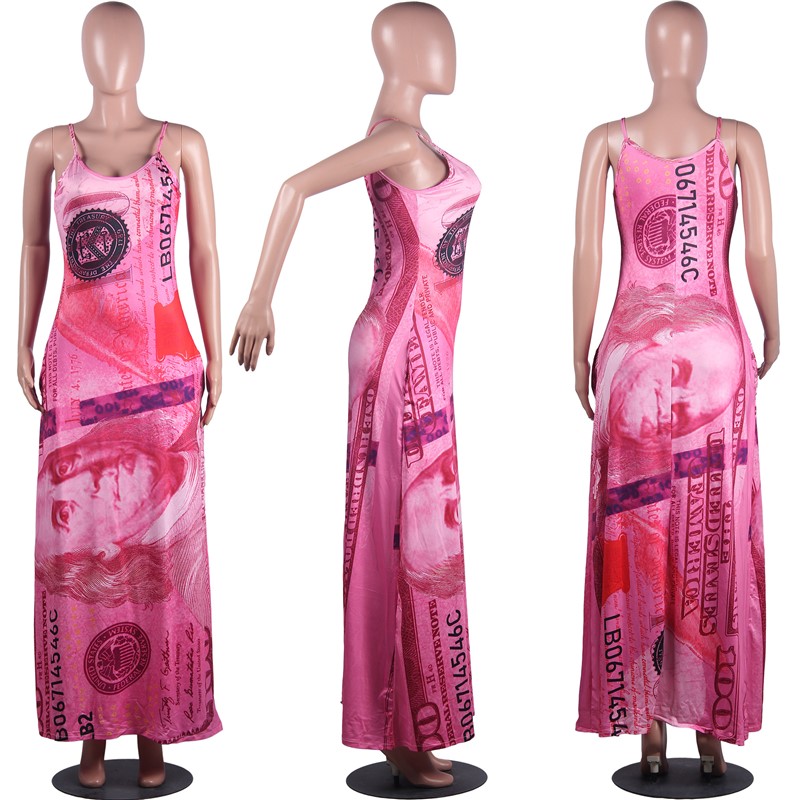 Summer Women dollars print maxi dress trendy long loose one-piece dress fashion grey one-piece skirt casual loose long slip dress 3312