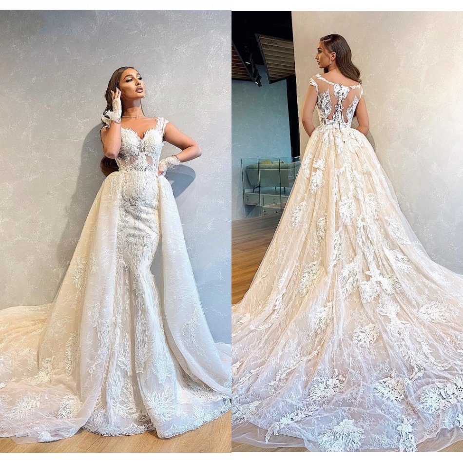 Mermaid Wedding Dress With Detachable Train 3D Appliqued Lace Bridal Gown Ruffle Sheer Back Sleeveless Vestidos De Novia Custom Made