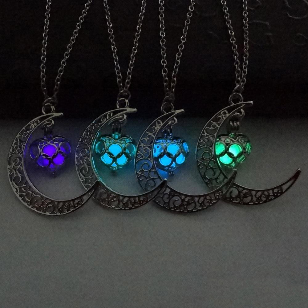 New Glow in The Dark Heart Moon Necklaces For Women Men Hollow crescent shape Luminous beads Pendant chains Fashion Jewelry