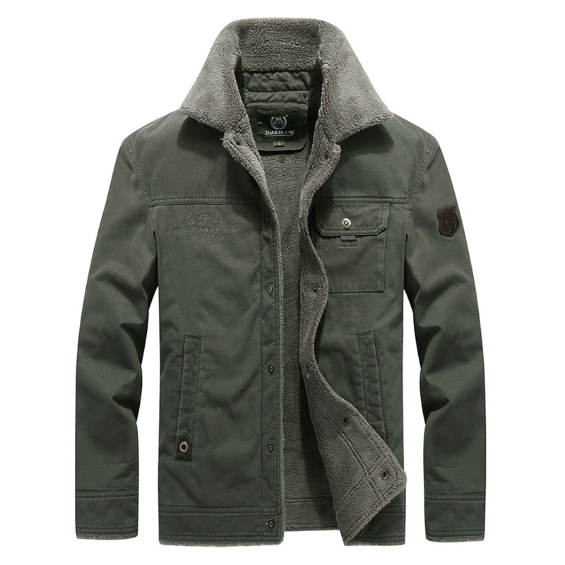 Men's Fleece Ed Bomber Jacket - Casual Thick Warm Winter Outerwear, Khaki, Asian Size 5Xl