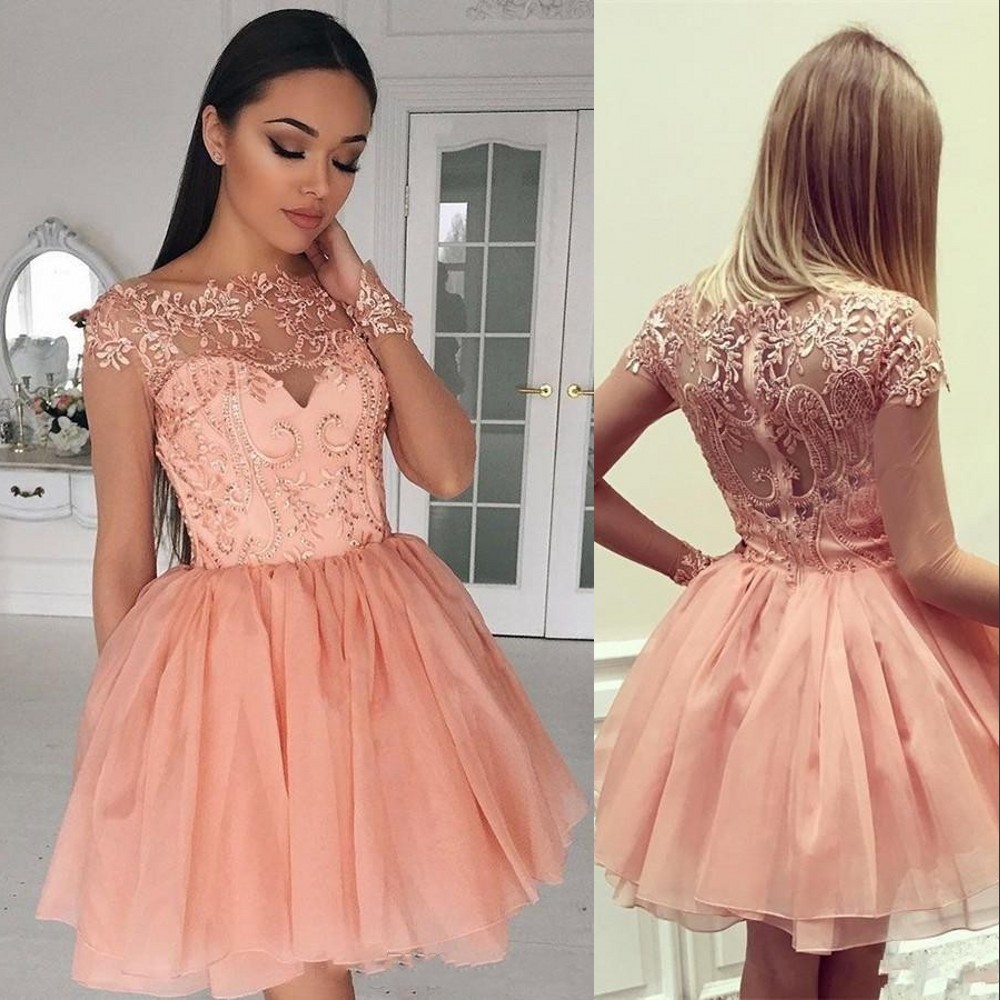 

Peach New Sexy Women Short Cocktail Dresses Jewel Neck Long Sleeves Lace Appliques Crystal Beaded Prom Dresses Party Dress Homecoming Gowns, Fuchsia