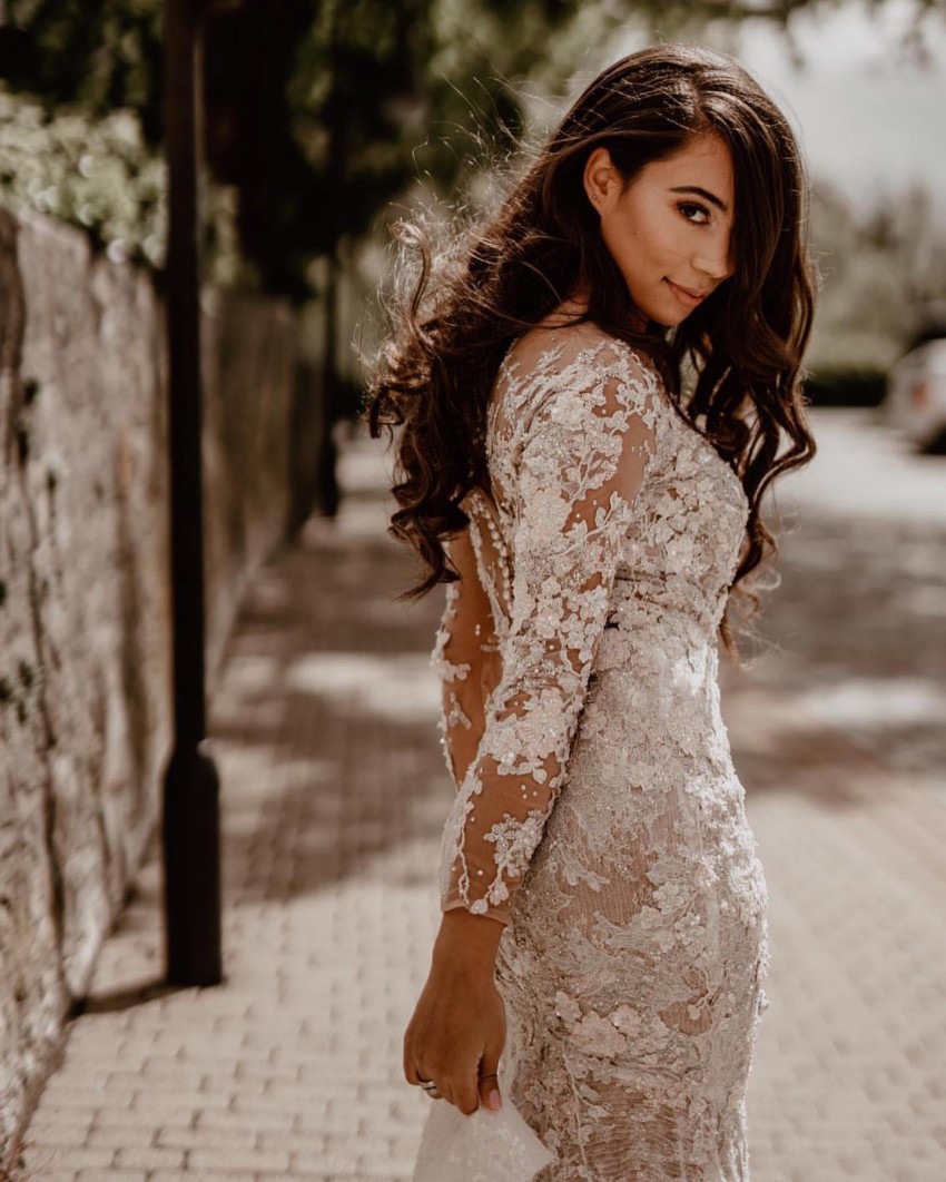 Plus Chic Mermaid Size Wedding Dresses Beaded Sheer Bateau Neck Lace Appliqued Long Sleeves Bridal Gowns Sweep Train Robe De Marie