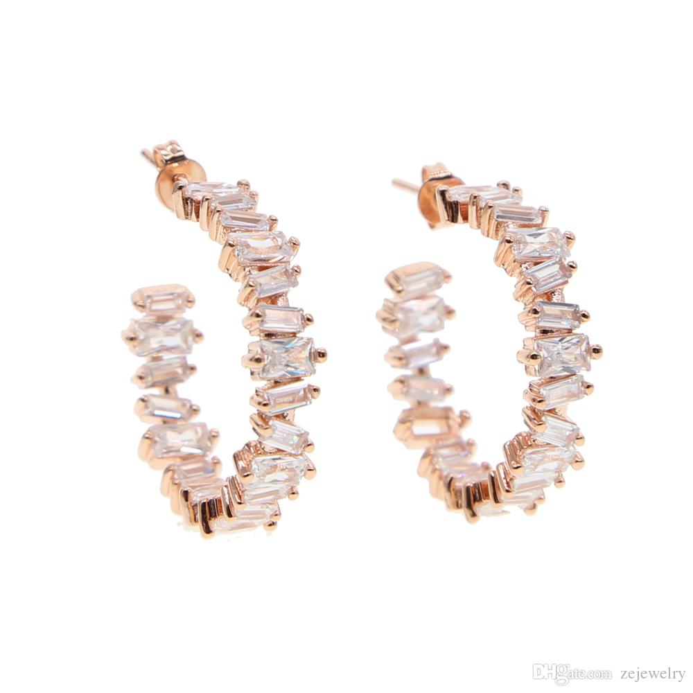 2018 New Fashion small Square clear Zircon classic hoop Earrings Upscale Gold/rose/sliver color Earring for Women girls wedding Jewelry gift