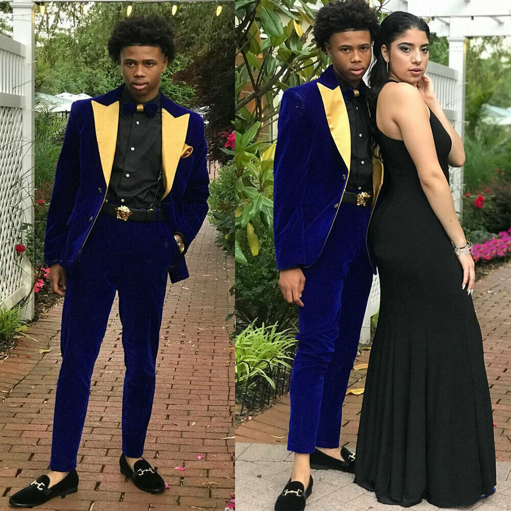 Royal Blue Velvet Mens Wedding Suits Slim Fit Two Button Gold Peaked Lapel Groom Wear Tuxedos Formal Prom Blazer Jacket (Jacket+Pants)