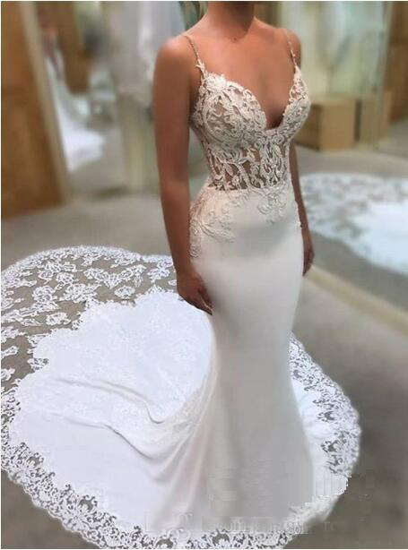 Beautiful Lace Appliques Wedding Dresses New Arrival Spaghetti Straps Mermaid Bridal Gowns With Court Train