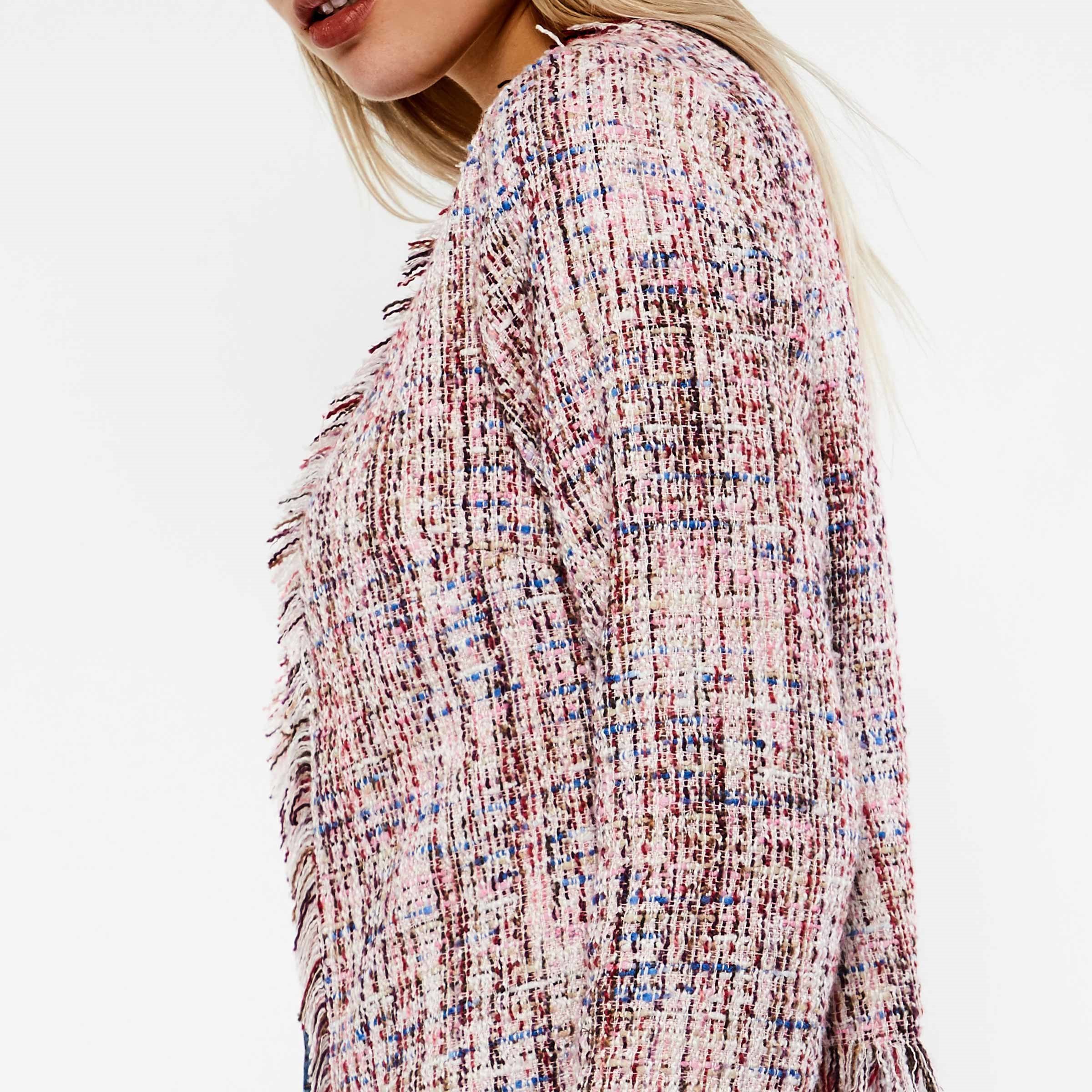 Women Vintage Spring Sweet Pink Tweed Short Jacket Coat Office Lady Work Retro Boho Tassel Slim Outerwear Jackets Coats C19041501