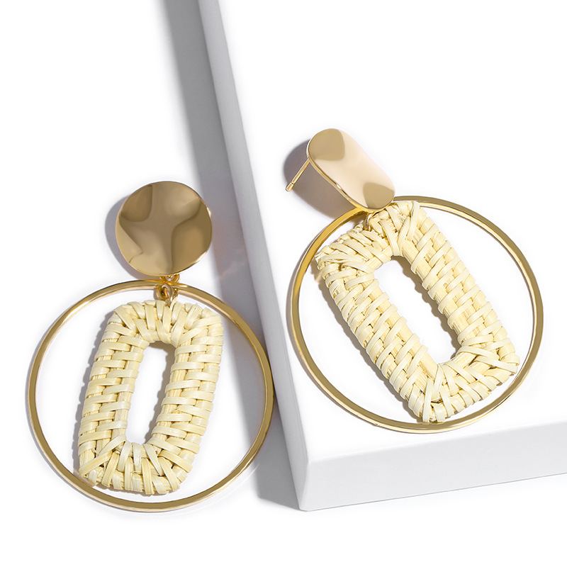 Rattan round earrings hot fashion bamboo rattan woven earrings ladies handmade round long pendant earrings ladies gifts