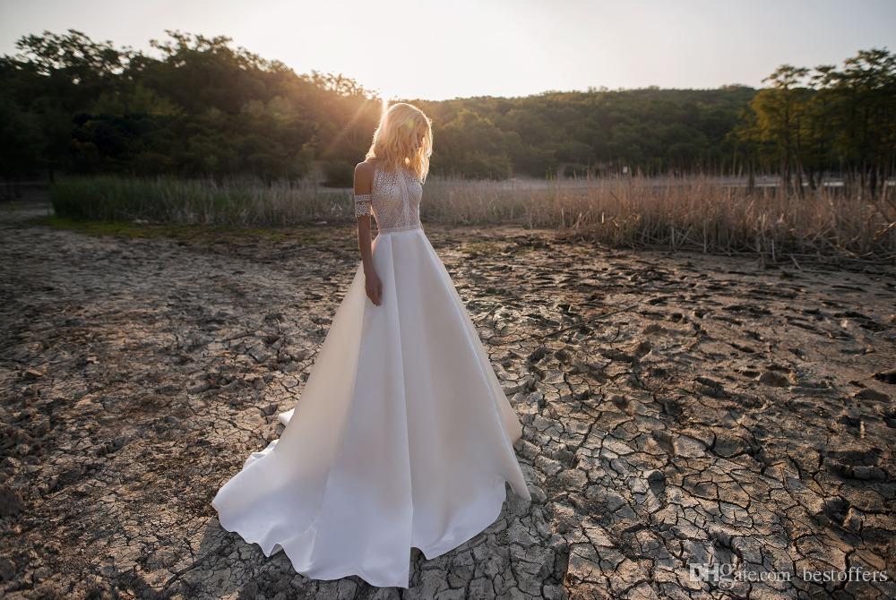 Western Garden Boho Wedding Dresses A e Jewel Neck Lace Satin Bridal Gowns Buttons Back Beach Robe De Mariee BC10995