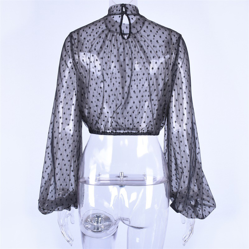 Forefair Lace Polka Dot Women Blouse Black Turtleneck Long Sleeve Cropped Mesh Top Streetwear Clubwear Transparent Sexy Crop Top11
