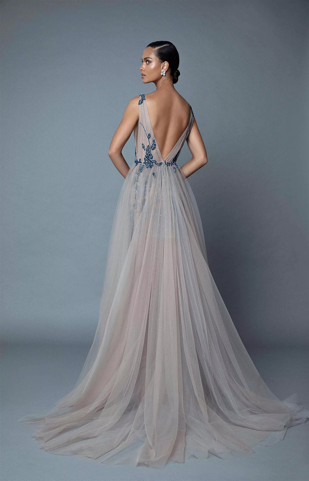 Sexy Berta High Slit Silver Prom Dresses Bohemian Style Backless Straps With Navy Lace Beaded Long formal Evening Gowns Fitted Cocktail Party Wear