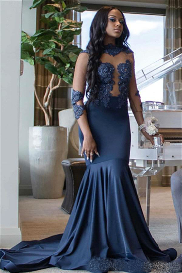 Navy Blue Mermaid Prom Dresses Jewel Neck Sheer Long Sleeve Lace Applique Beaded African Formal Party Gowns Slim Fit Sexy Evening Dresses