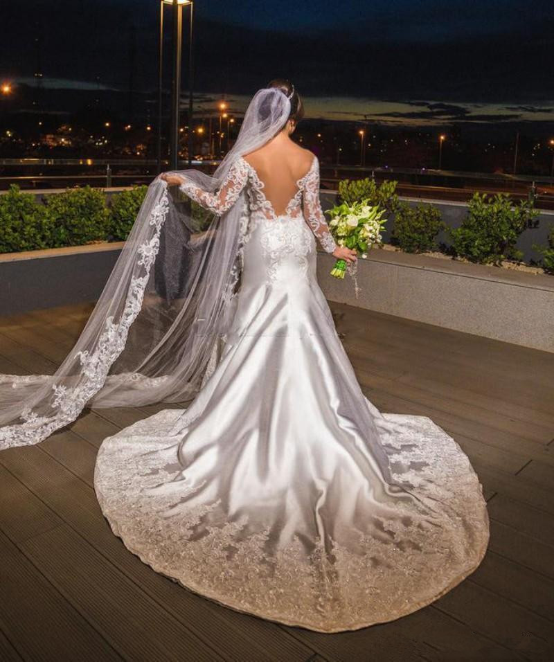 Cathedral Train Mermaid Wedding Dresses With Long Sleeve Plus Size Sheer Off Shoulder Lace Applique Arabic Dubai Castle Civil Bridal Gowns