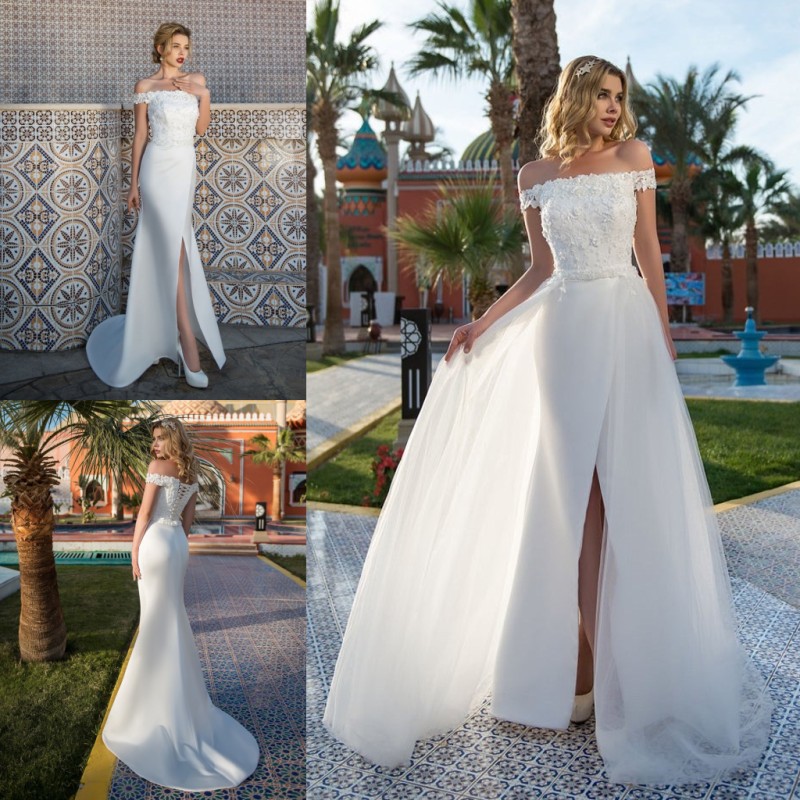 Beaded Fashion Mermaid Wedding Dresses With Detachable Train 3D Appliqued Side Split Bridal Gowns Trumpet Satin Plus Size Robe De Marie