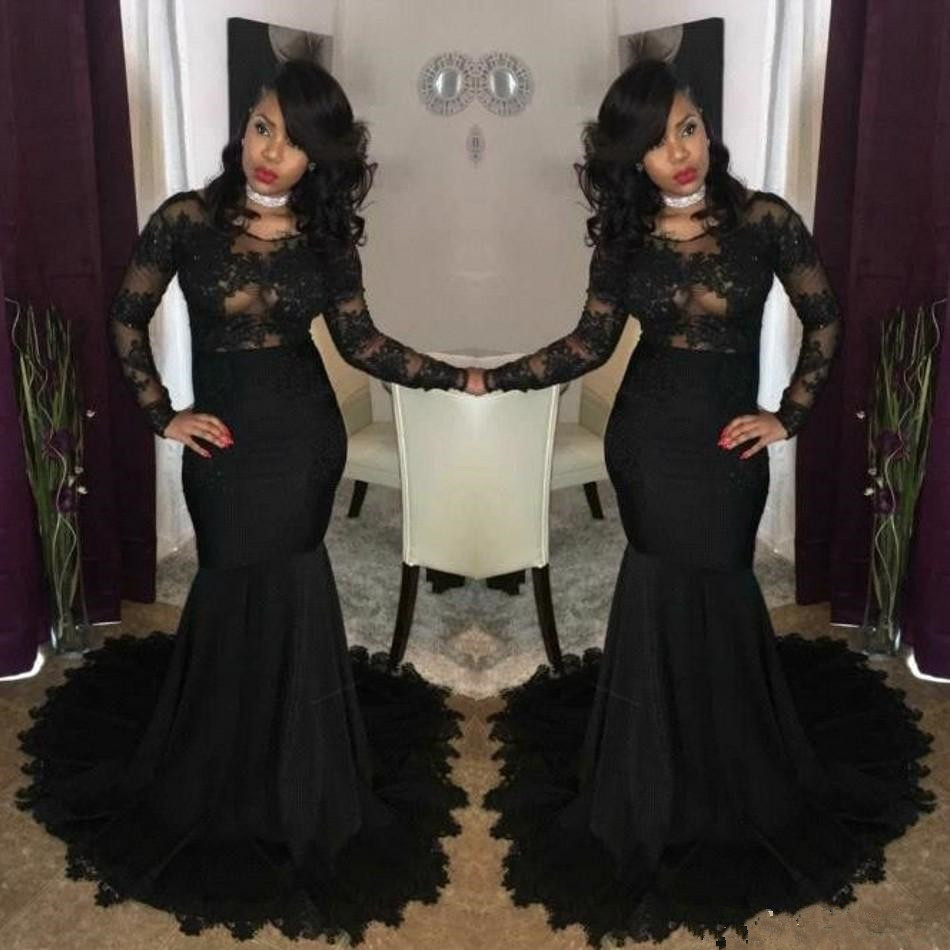 Sexy Mermaid Prom Black Lace Beaded Elegant Sleeves Party Gowns Formal Long Evening Dresses 27 0510