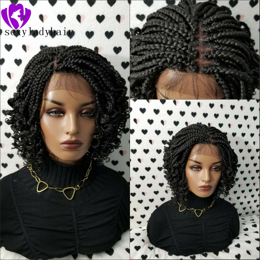 

200density full short Braided Wigs Box Braids Wigs For Black Women Lace Front Braid Wig Curly 14inch Black/ Brown With Body Hair, Burgundy
