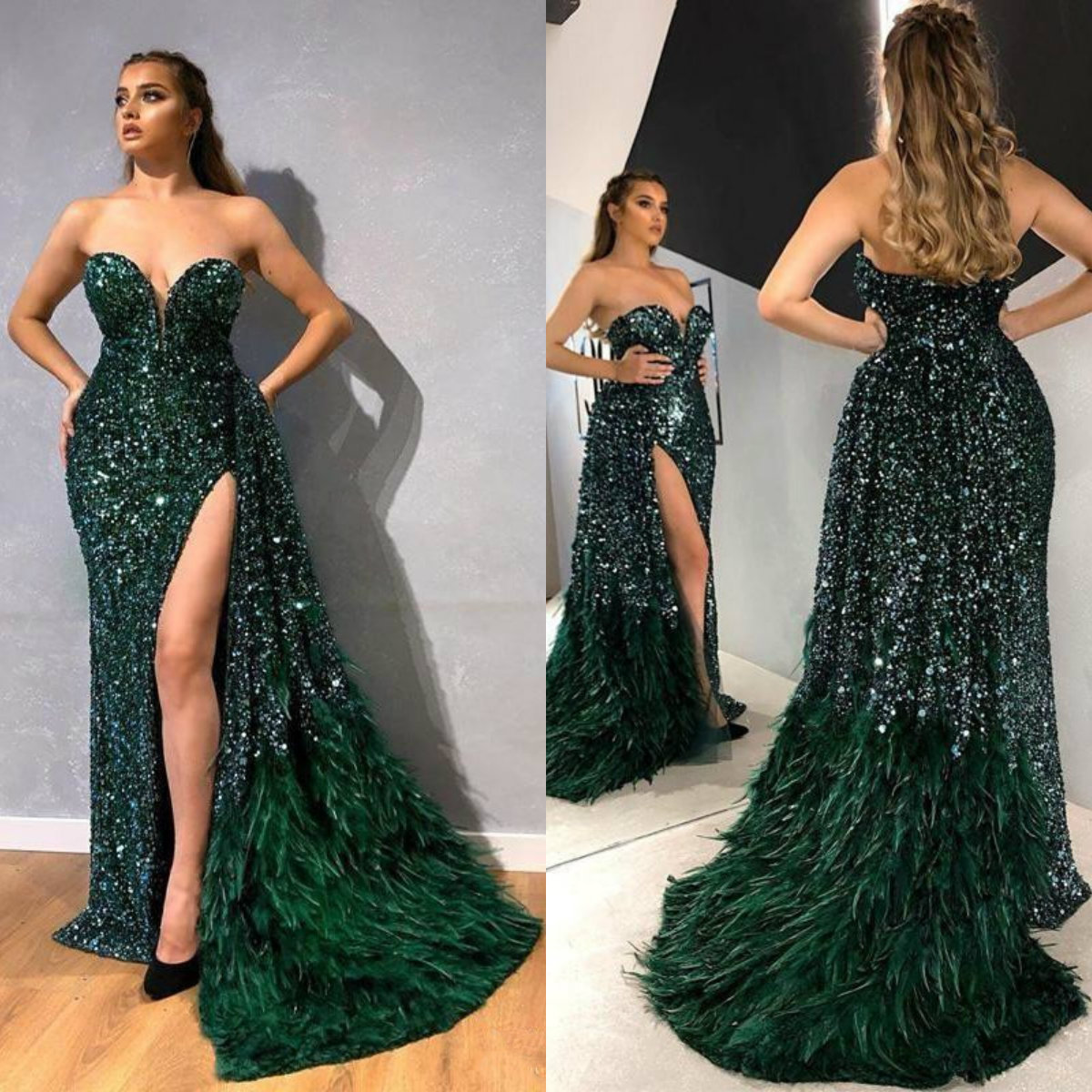 Dark Green Luxury Prom Dresses Sweetheart Sequins Beading Thigh High Slit Mermaid Evening Dress with Feathers Formal Pageant Gowns