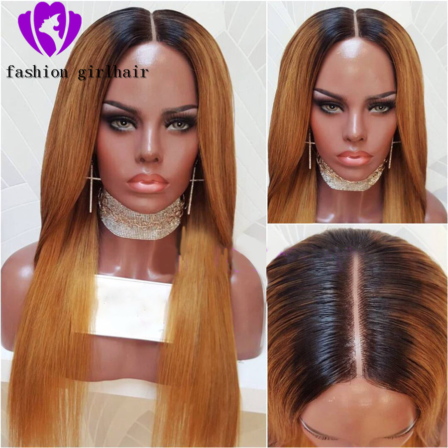 Middle part Straight brazilian full Lace Frontal Wigs Pre Plucked With Baby Hair Ombre blonde synthetc hair wig for black women