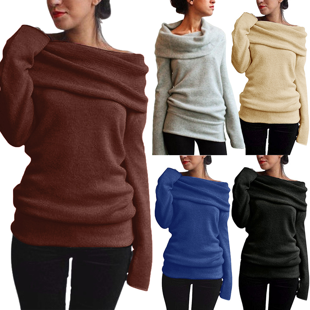 Anself 5XL Plus Size Women Clothing Off Shoulder Sweater Cowl Neck Long Sleeve Knit Pullover Jumper Top Autumn Warm Knitwear C18111601