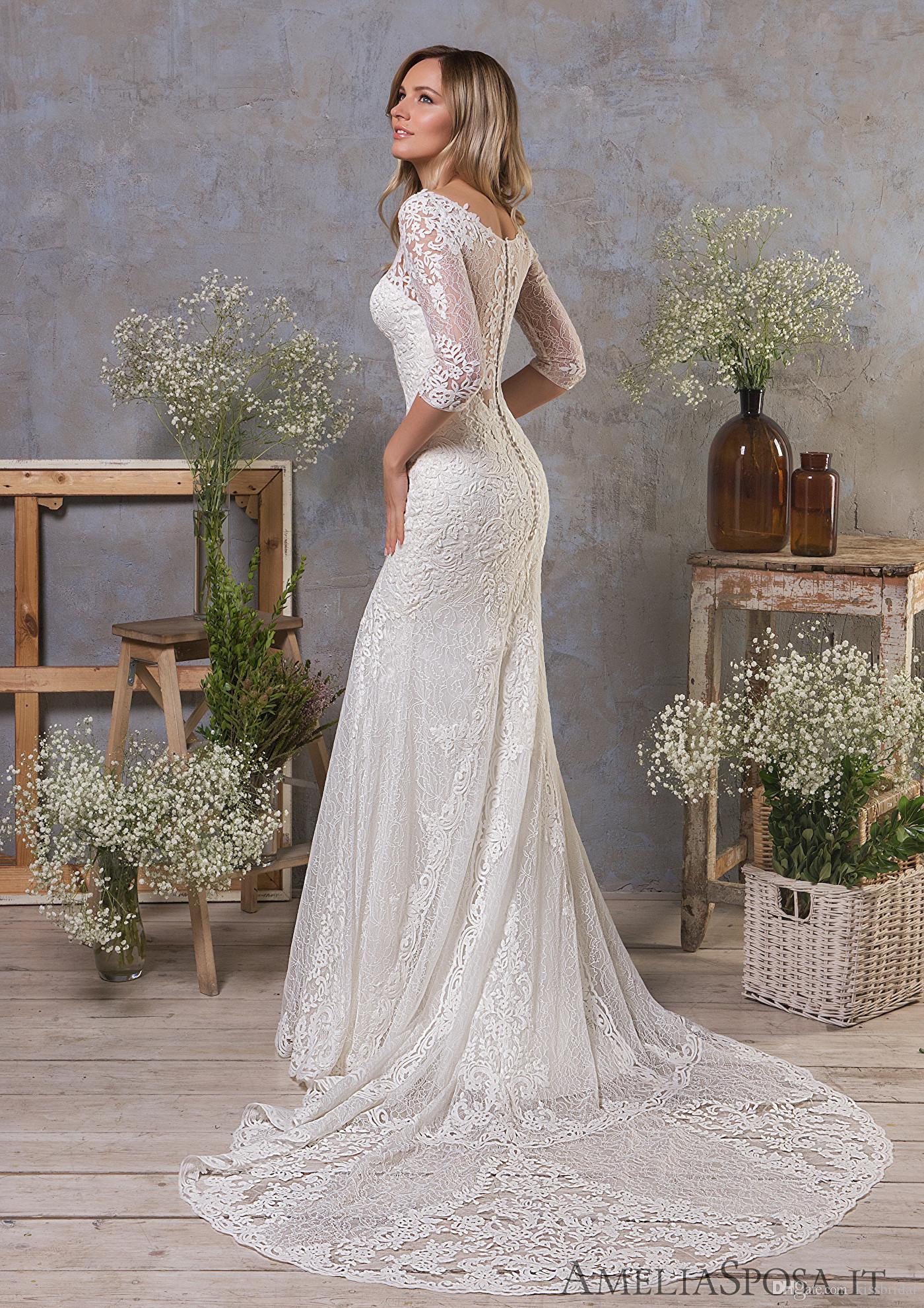 New Mermaid Lace Wedding Dresses Abiti Da Sposa Elegant Three Quarter Sleeve Bridal Gowns Sheer Illusion Neck Formal Dress Vestidos De Novia
