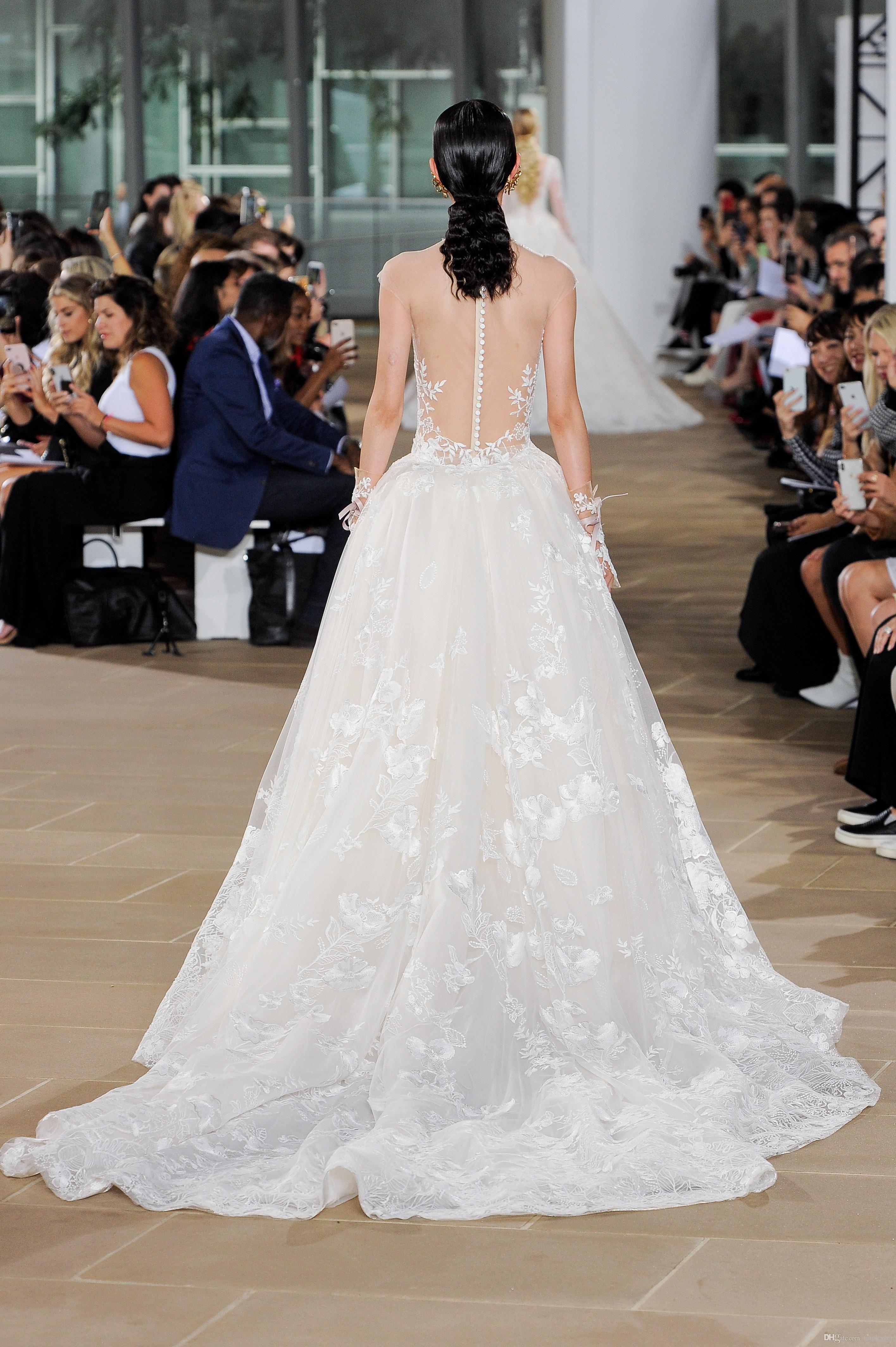 2019 Jumpsuits Wedding Dresses Sheer Jewel Neck Lace Appliqued Bridal Gown With Detachable Train Boho Wedding Dress Cheap Vestidos De Novia