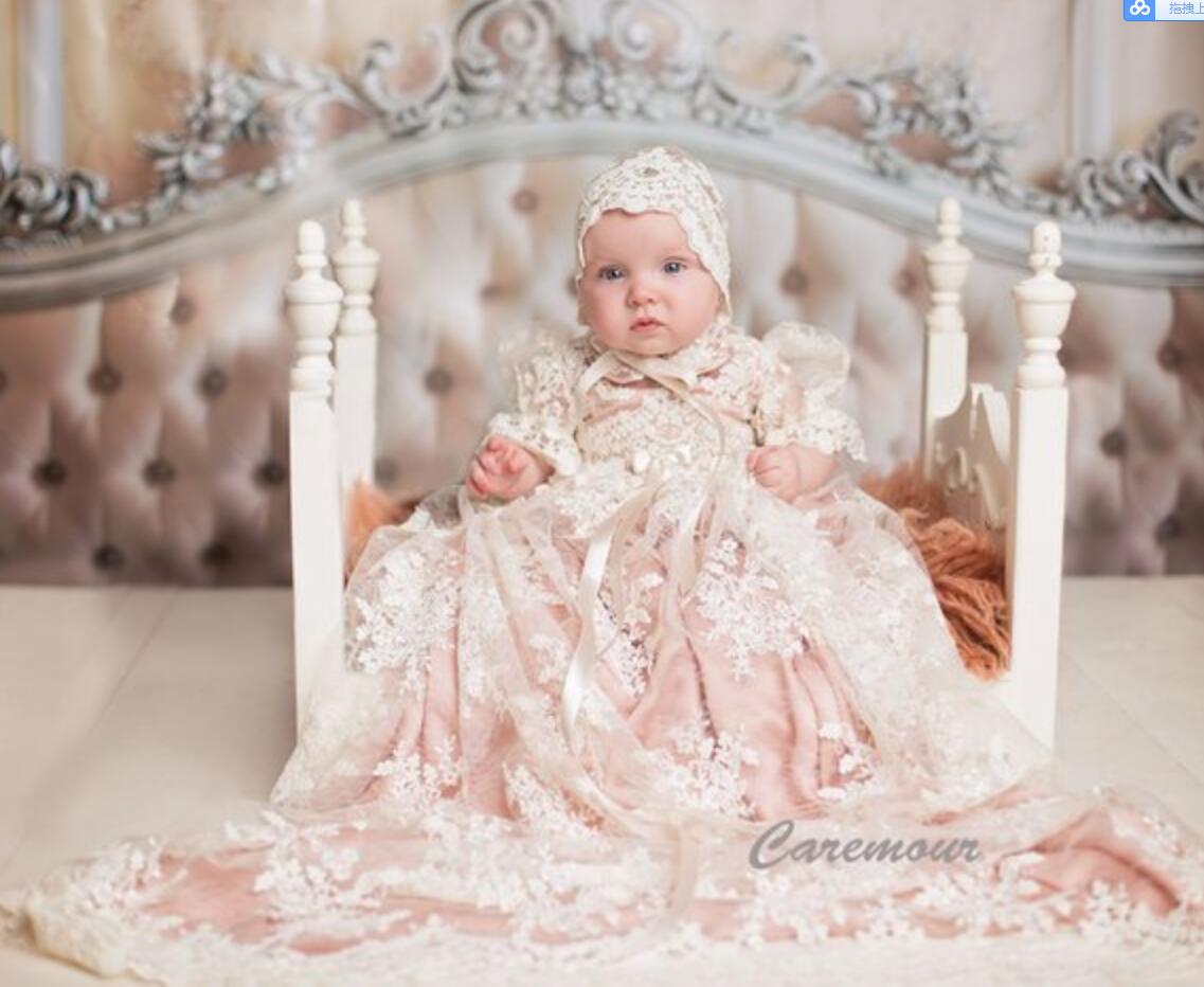 Baptism Dress Girls Christening Gown Set With Pink Underlay Custom Made First Communion Gowns