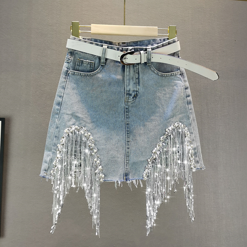 Denim Skirts for Women 2020 Summer New Studded Beaded Sequin Fringed Denim Skirt Female A- Line Mini Jean Skirt Jupe Femme, Not include belt
Denim Skirts for Women 2020 Summer New Studded Beaded Sequin Fringed Denim Skirt Female A- Line Mini Jean Skirt Jupe Femme, Not include belt