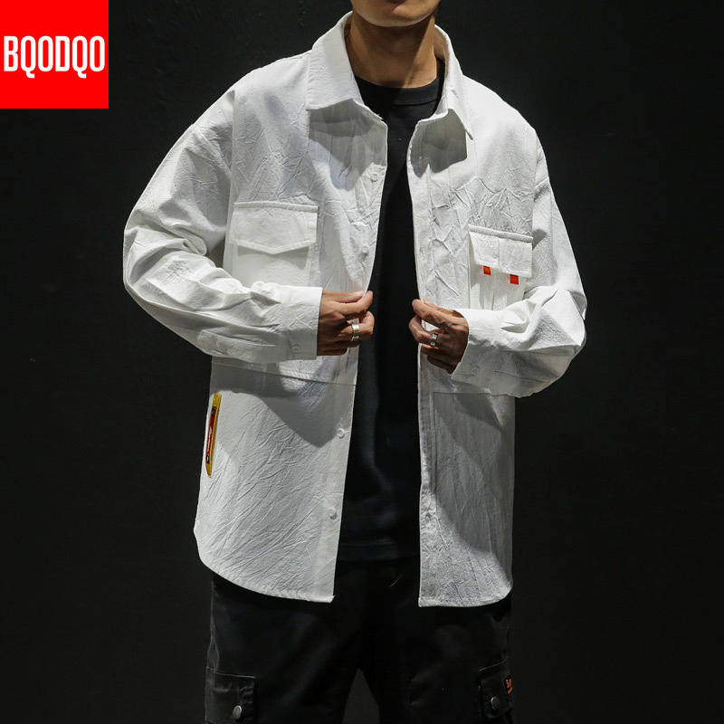 BQODQO Army Green Fashion Streetwear Blouse Men White Double Pocket Oversized Casual Shirt Male Autumn Long Sleeve Cotton Shirts