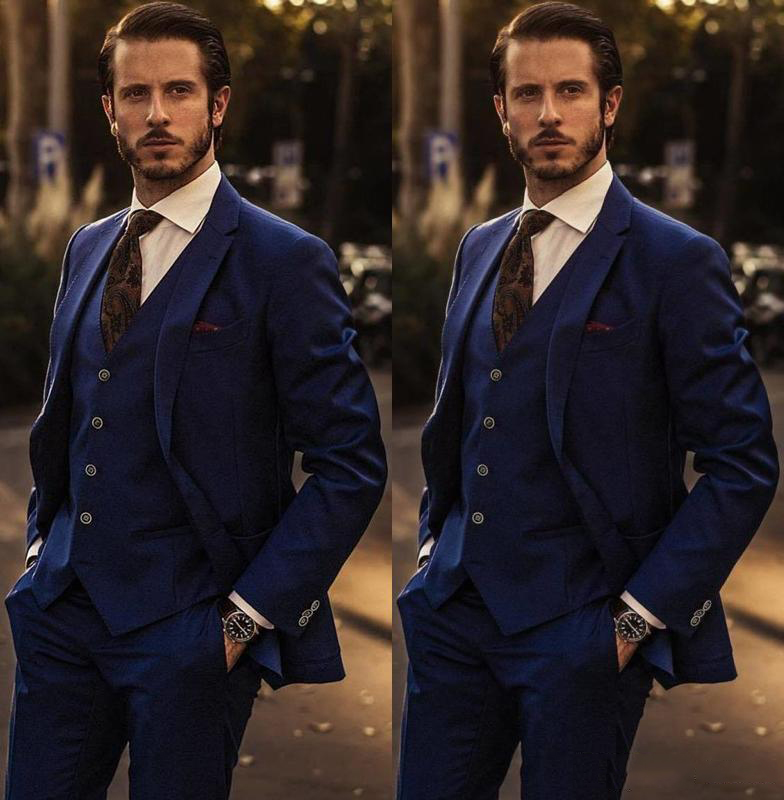 Men's Suits Navy Slim Fit Tuxedo For Groom One Button Men Suits For Wedding Male Formal Prom Cheap Wear Three Pieces (Jacket+Pants+Vest)